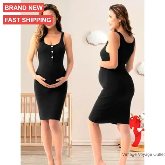 Maternity Bodycon Dress Sleeveless Striped Button Knit Summer Pregnancy - Picture 2 of 7